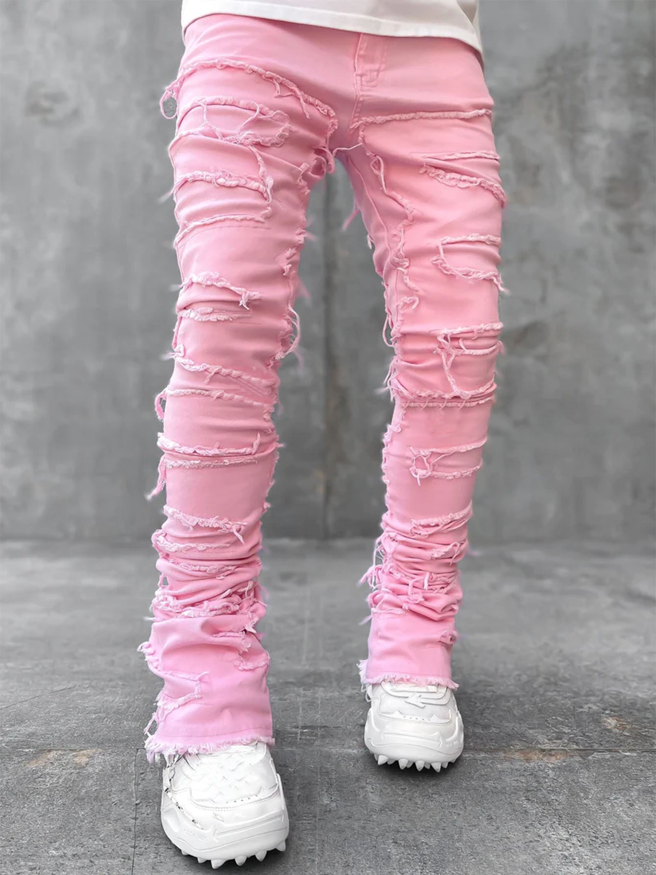 Men's Ripped Fringe Patched Jeans in a Slim Stacked Fit