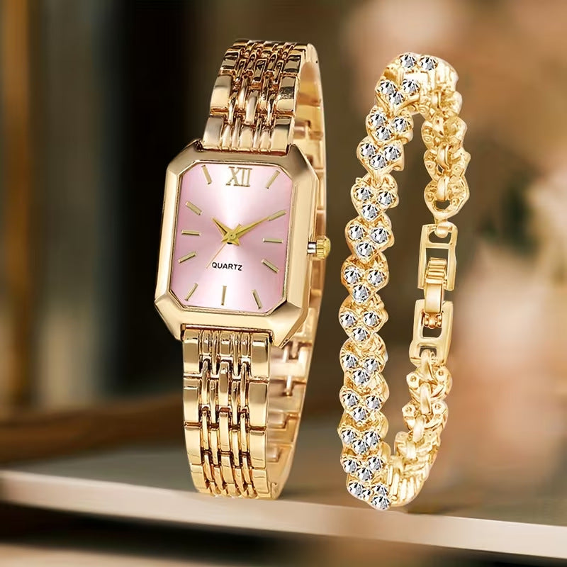 Women's Square Quartz Wristwatch Set with Bracelet