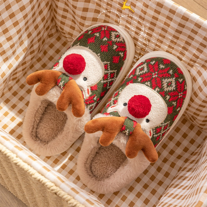 Cute Christmas Elk Plush Slippers with Non-Slip Sole
