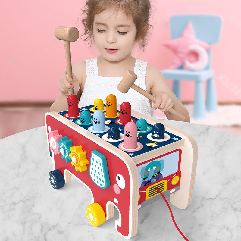 Montessori Wooden Pounding Bench with Animal Bus for Toddlers