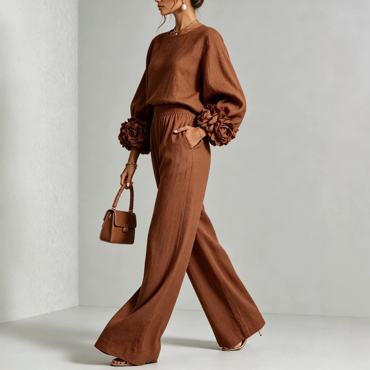 Women's Floral Cuff Top And Wide Leg Trousers Two Piece Set