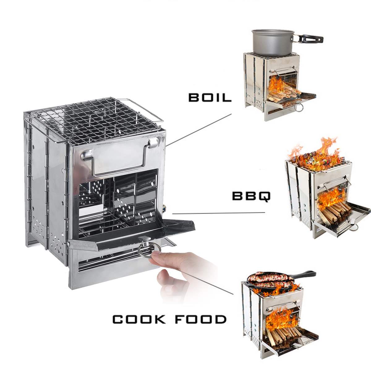 Folding Camping Wood Stove in Stainless Steel, Portable and Compact