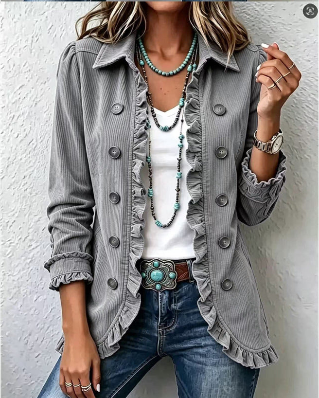 Women's Ruffled Long-Sleeve Knit Cardigan With Buttons