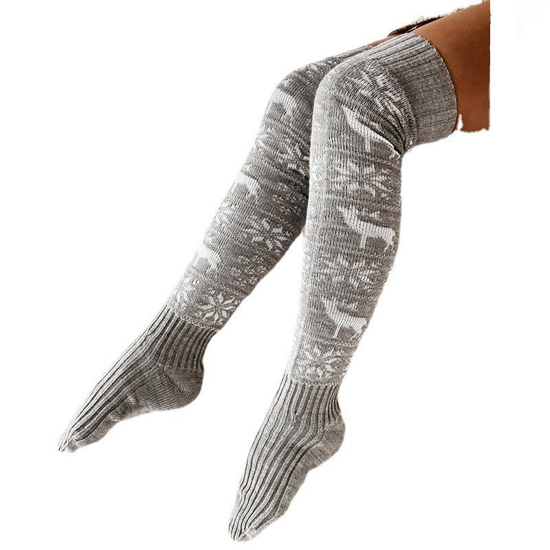 Warm Knitted Christmas Stockings for Women with Elk Snowflake Design