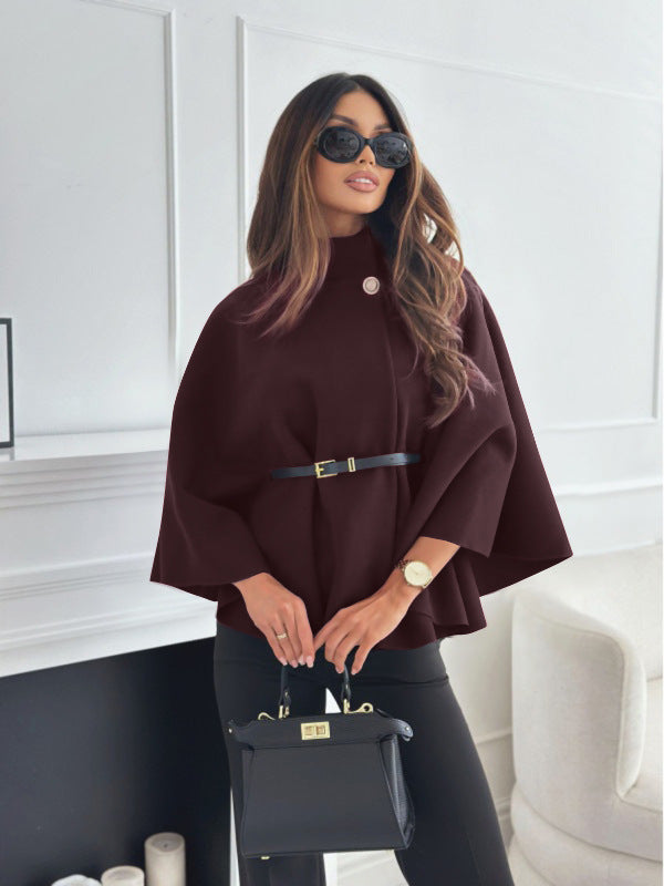Women's Stand Collar Batwing Cloak Jacket With Belt, Woolen Look