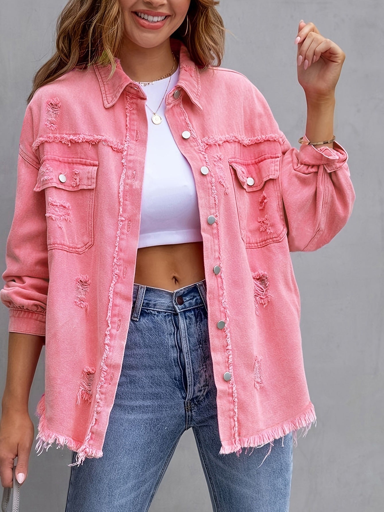 Women's Casual Ripped Shirt Jacket for Spring and Autumn