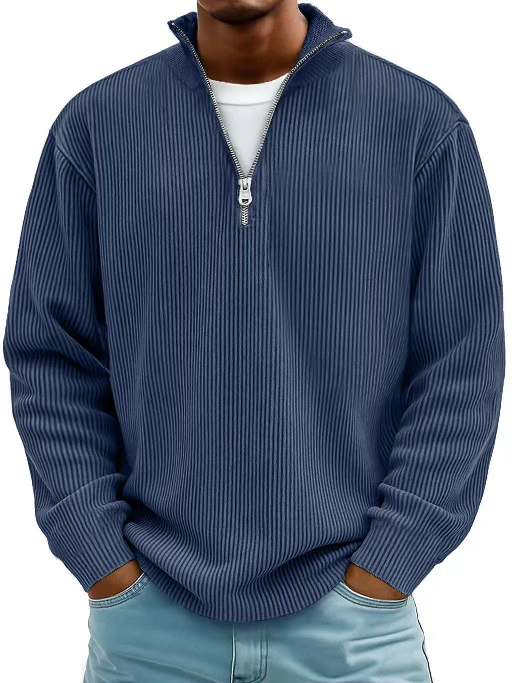 Corduroy Zip-Up Stand Collar Sweatshirt, Warm Solid Colour Top for Men