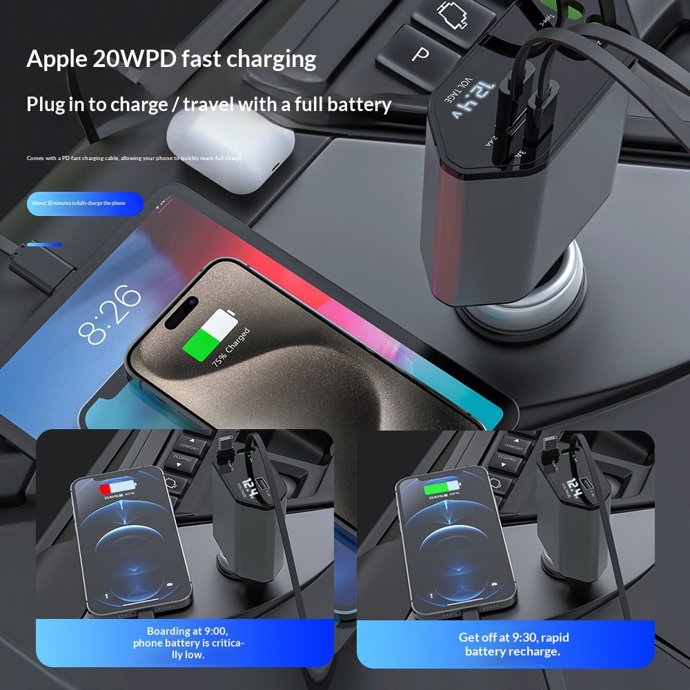 4-in-1 Retractable Car Charger, 120W Fast Charging with USB-C Cables