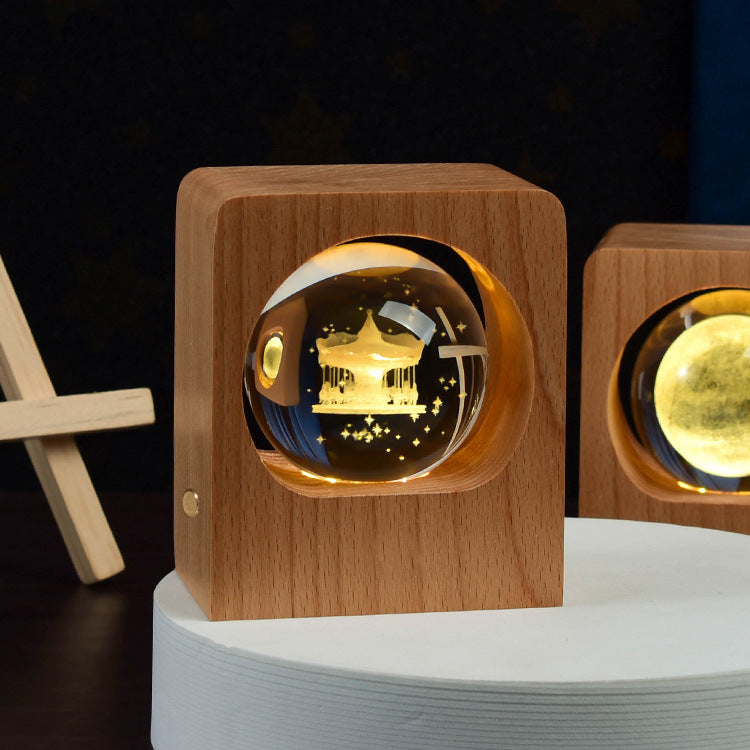 3D Engraved Crystal Ball Night Light with Beech Wood Base