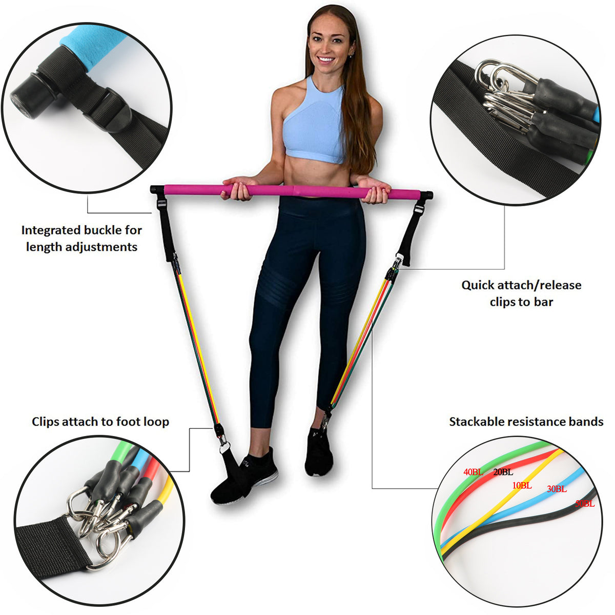 Fitness Pilates Bar with Elastic Resistance Bands for Home Workouts