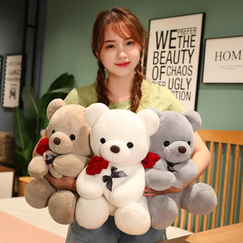 Lovely Hug Roses Teddy Bear Plush Pillow, Soft Stuffed Animal Doll