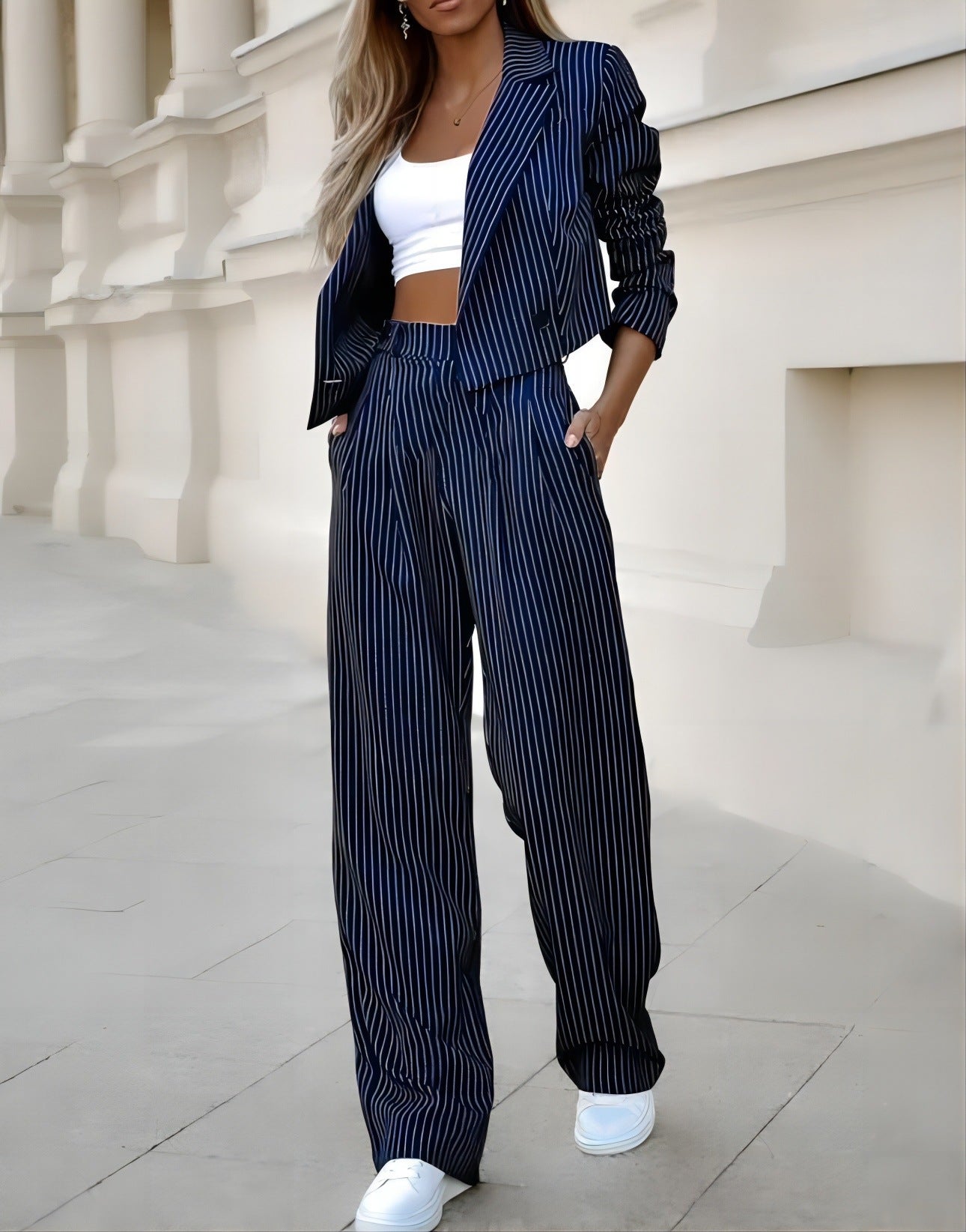 Women's Striped Lapel Cropped Top and Straight Trousers Set