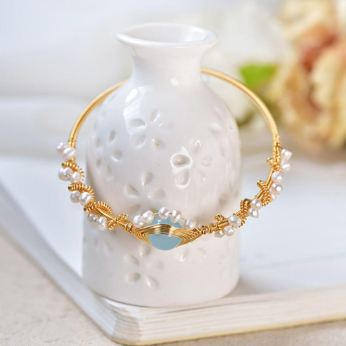 Gold Plated Pearl Bracelet for Women, Braided Wire Charm Bracelet