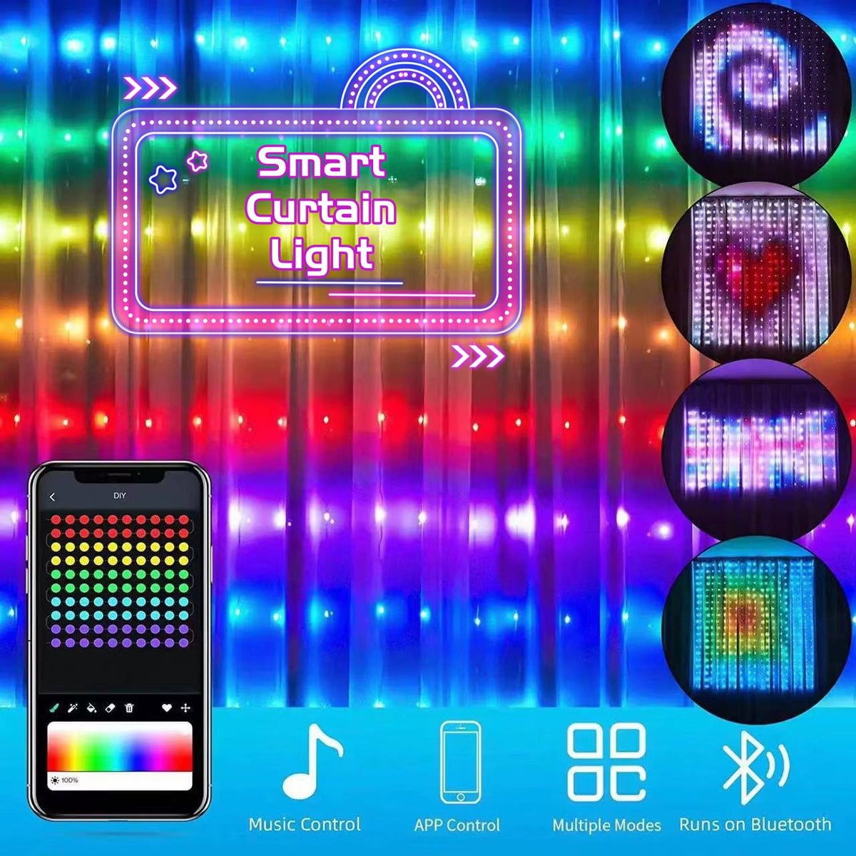 Smart LED RGB Curtain String Lights with Bluetooth App Control