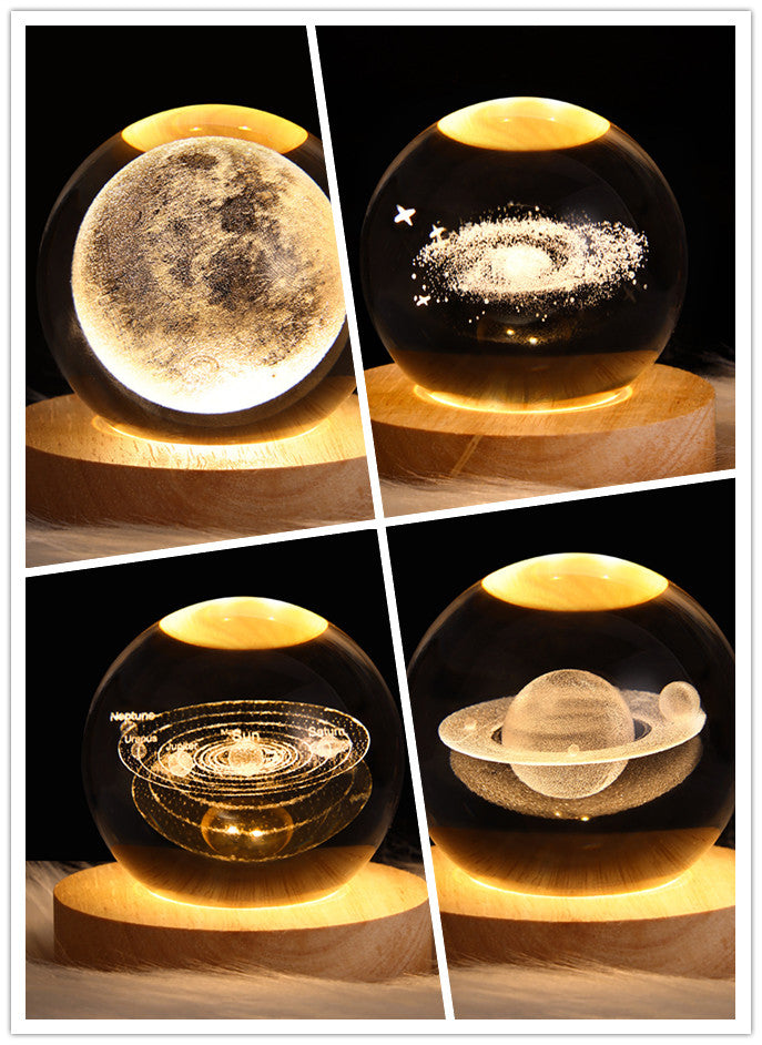LED Galaxy Crystal Ball Night Light With Solid Wood Base