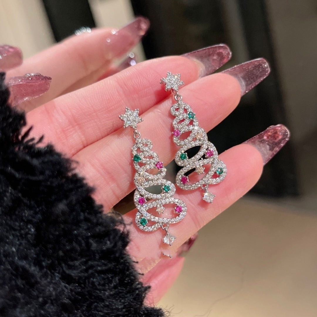 Full Inlaid Colourful Zircon Christmas Tree Tassel Earrings