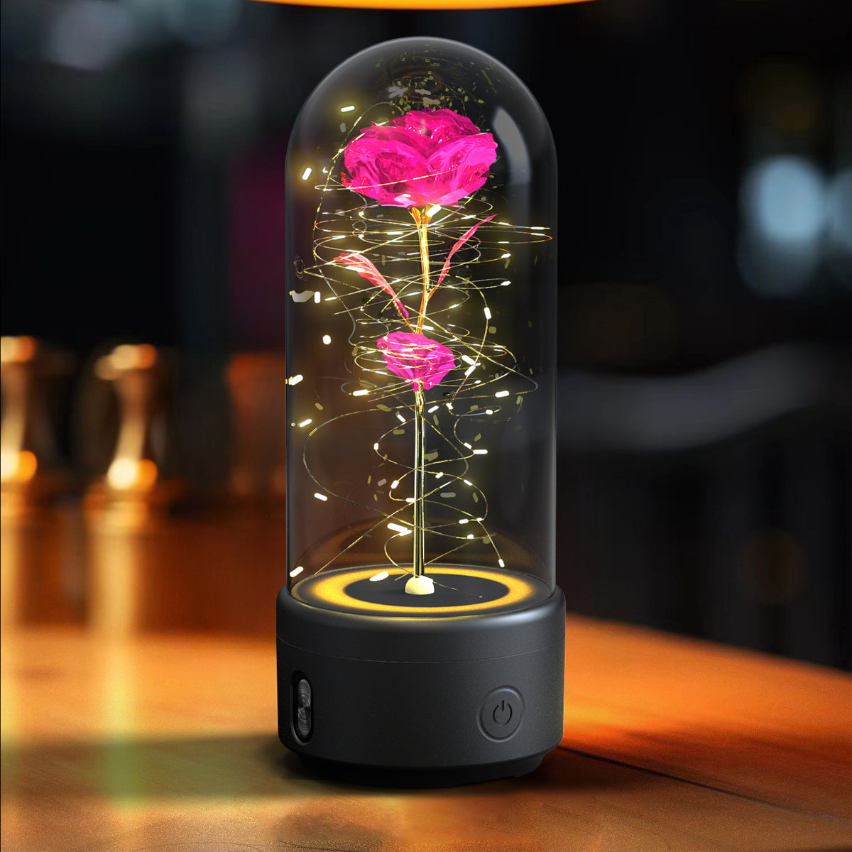 Rose Flower LED Night Light With Bluetooth Speaker In Glass Dome