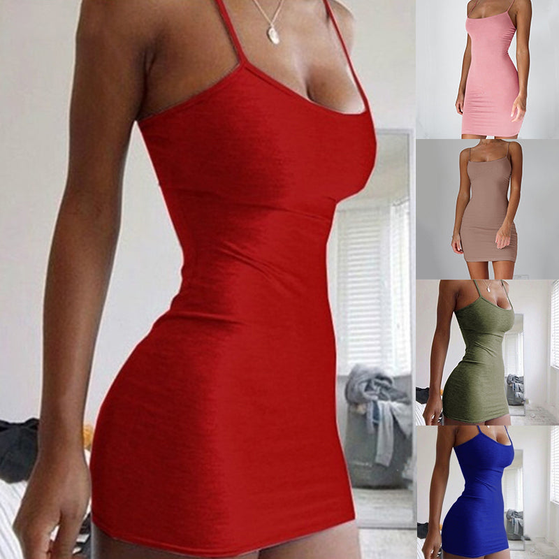 Women's Halter Neck Hip Skirt Dress in Pure Colour, Tight-Fitting
