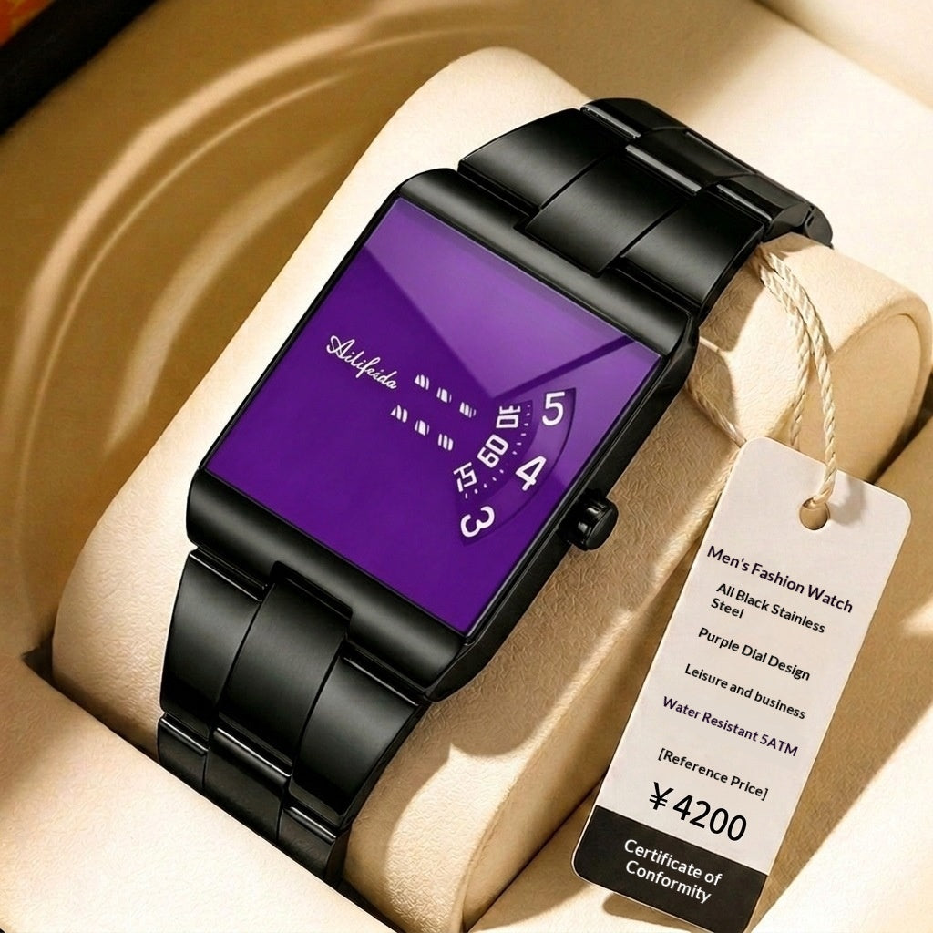 Square Quartz Waterproof Steel Band Luxury Men's Wristwatch