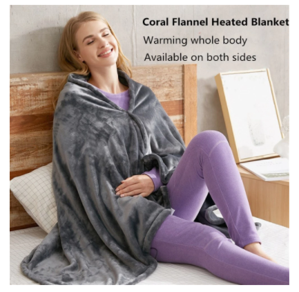 USB Heated Flannel Shawl Blanket, Warm Coral Fleece Wrap