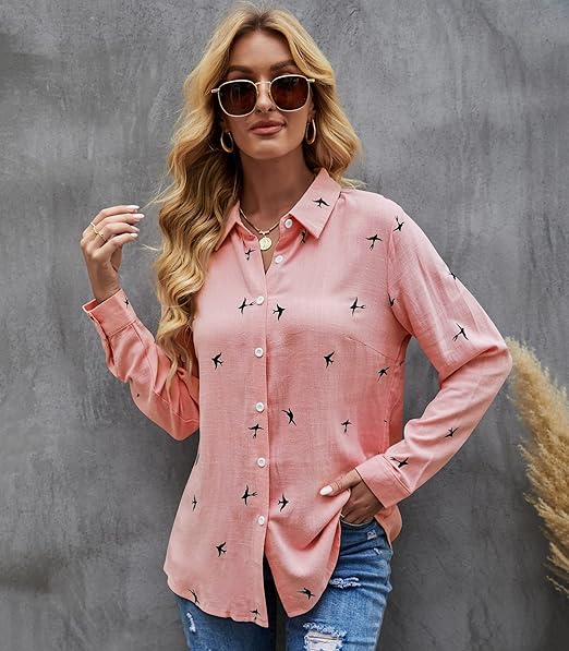 Women's Casual Blouse in Plain Colours and Bird Print