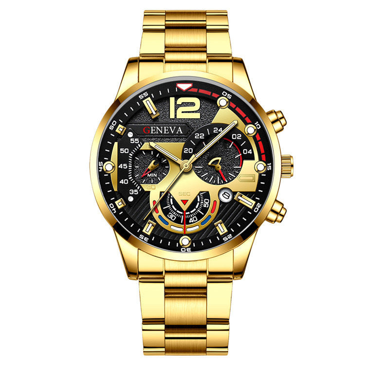 Men's Three-Eye Quartz Watch And Bracelet Set In Steel Strip