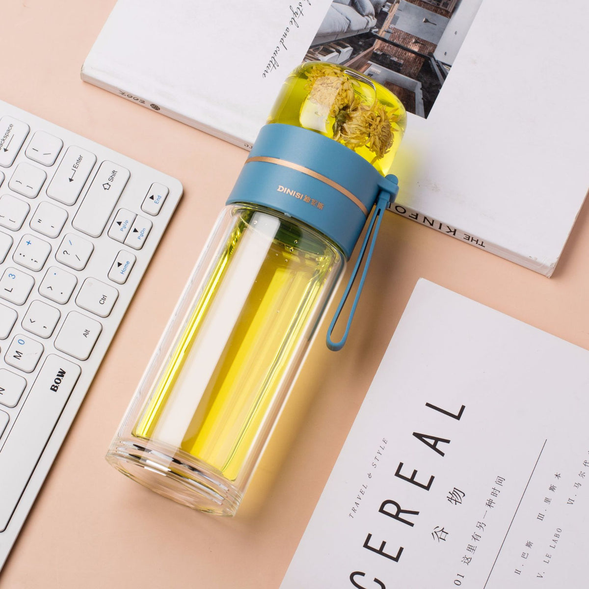 Glass Water Bottle with Tea Infuser, Double Wall Leakproof Flask