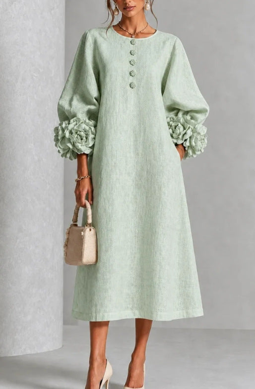 Floral Puff Sleeve A-Line Dress With 3D Flowers For Parties