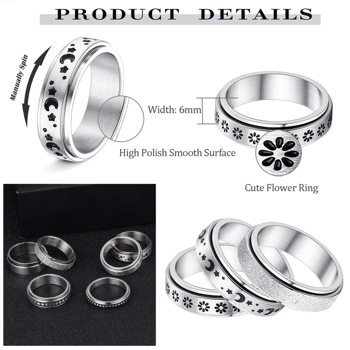 Stainless Steel Spinner Ring With Moon And Stars Design