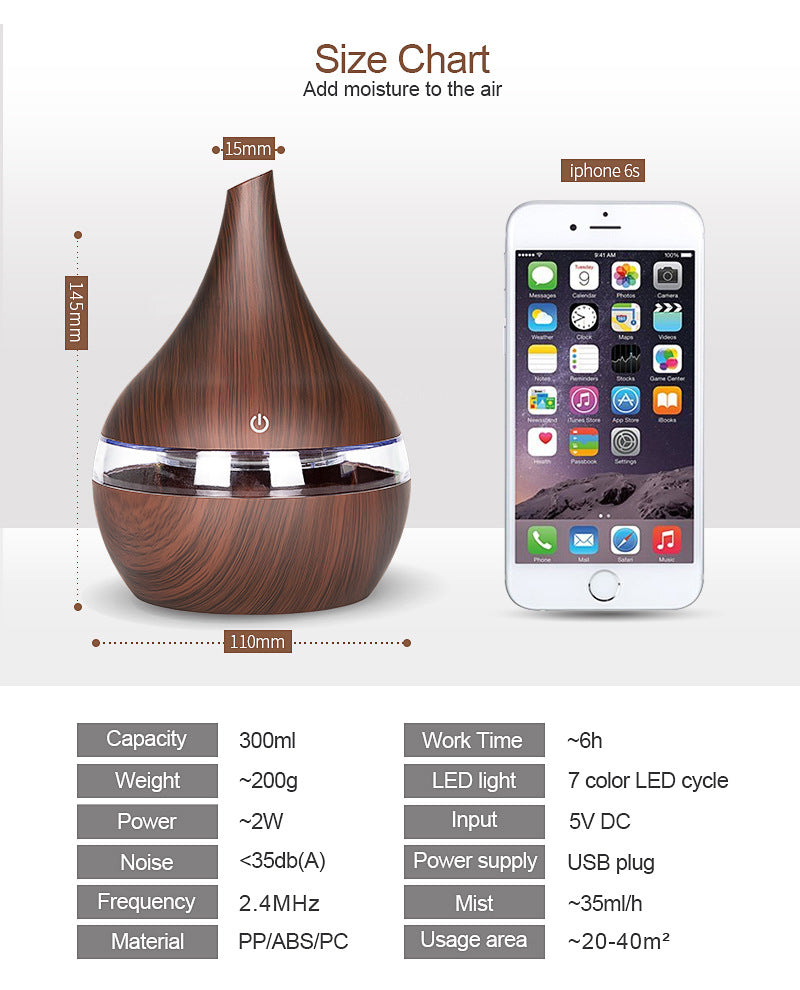 LED Essential Oil Aroma Diffuser with Wood Grain Finish and USB Power
