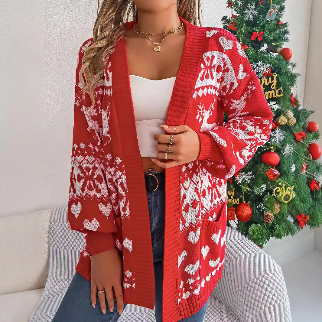 Women's Christmas Open Front Cardigan with Lantern Sleeves