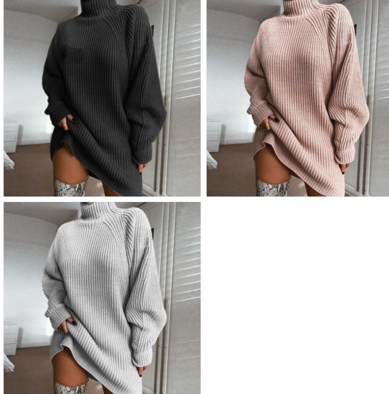 Warm Solid Turtleneck Long Sweater Dress For Women, Winter