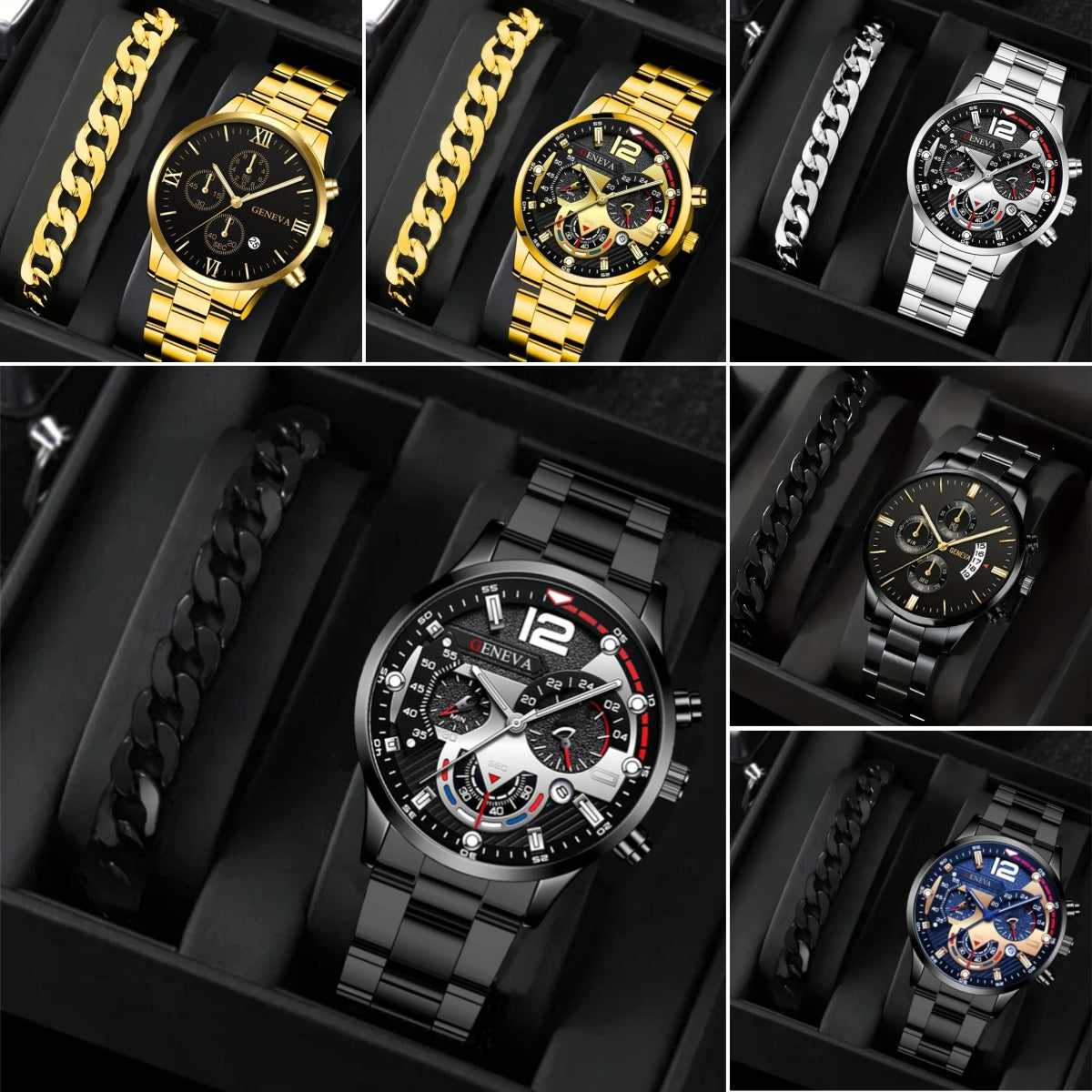 Men's Three-Eye Quartz Watch And Bracelet Set In Steel Strip