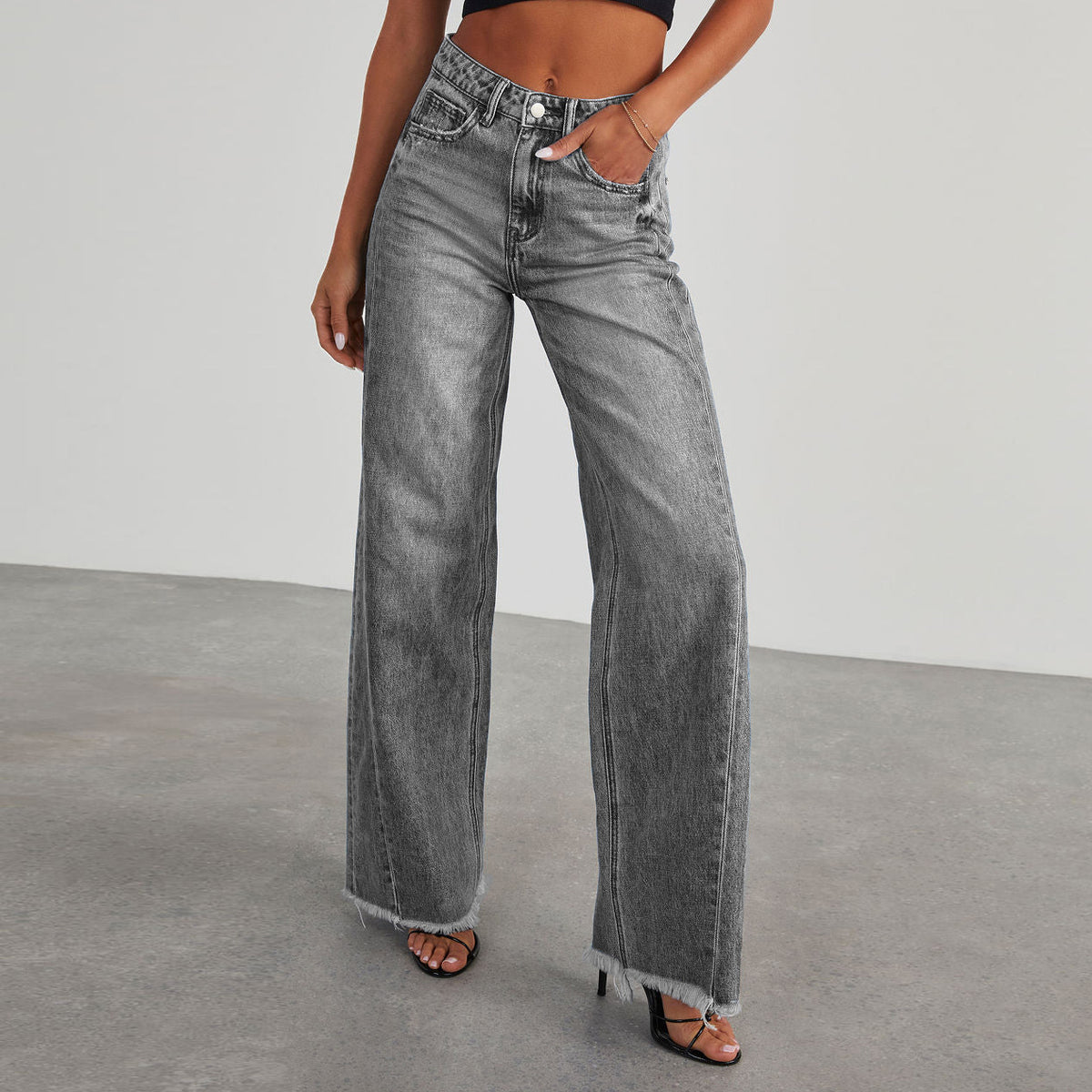 Women's High-Waist Straight Wide-Leg Jeans with Pockets