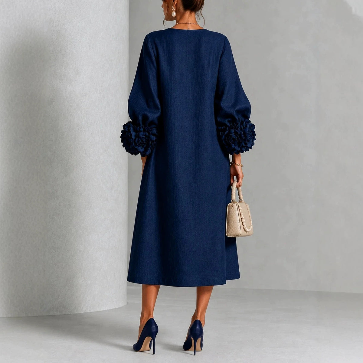 Floral Puff Sleeve A-Line Dress With 3D Flowers For Parties
