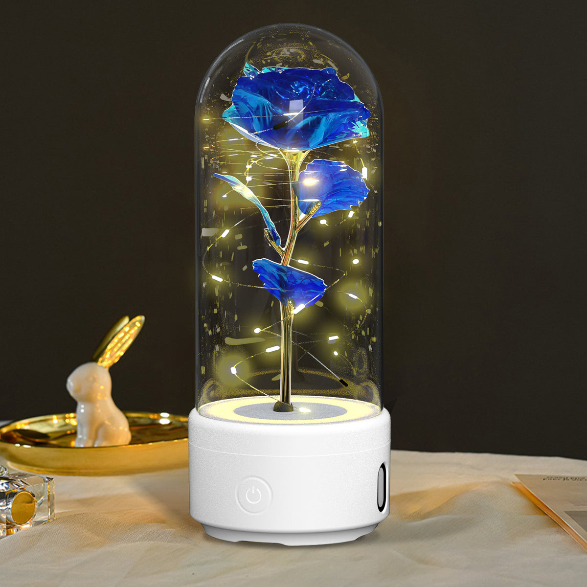 Rose Flower LED Night Light With Bluetooth Speaker In Glass Dome