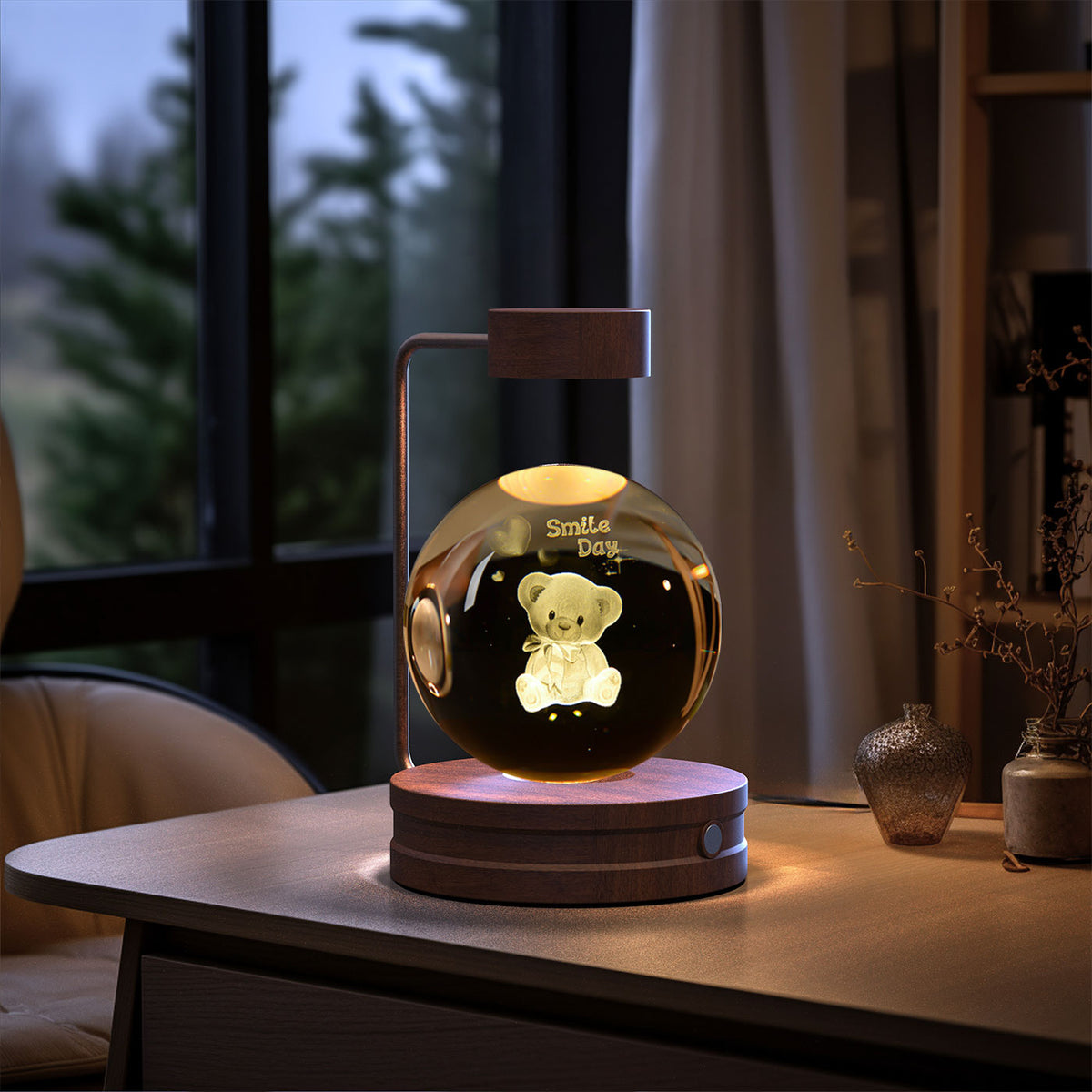 Crystal Ball Night Light With 3D Pattern On Wooden Base