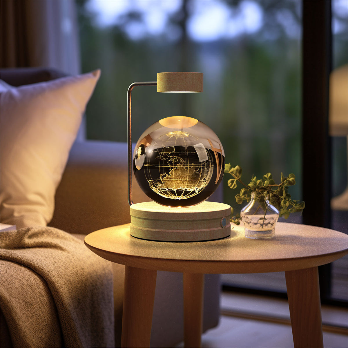 Crystal Ball Night Light With 3D Pattern On Wooden Base