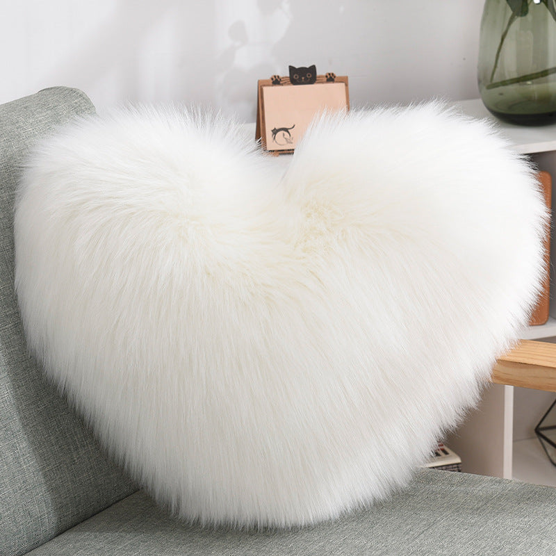Heart Shape Plush Throw Pillow, Fluffy Shaggy Sofa Cushion