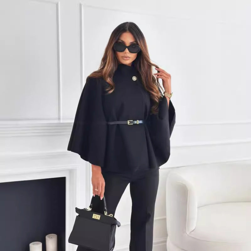 Women's Stand Collar Batwing Cloak Jacket With Belt, Woolen Look