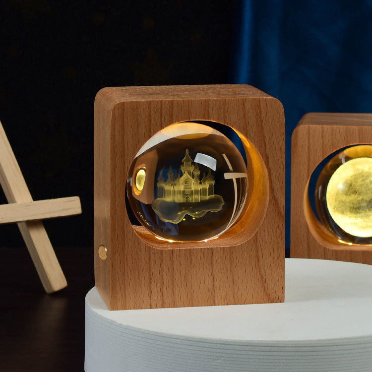 3D Engraved Crystal Ball Night Light with Beech Wood Base