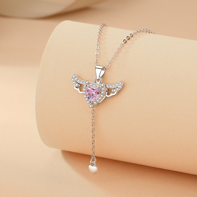 Cupid Heart Angel Wings Necklace With Crystal Clavicle Chain