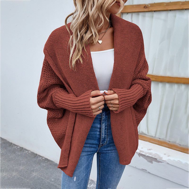 Loose Knit Bat-Sleeve Cardigan with Large Lapel for Women