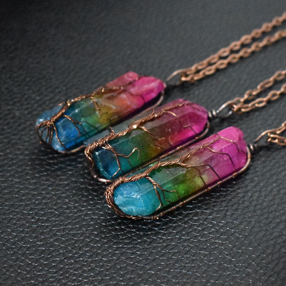 Natural Stone Crystal Pillar Tree Of Life Pendant Necklace