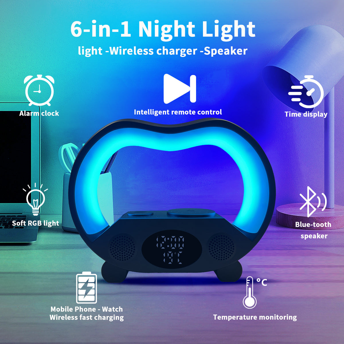 6 In 1 LED Table Lamp With Wireless Charger And Bluetooth Speaker