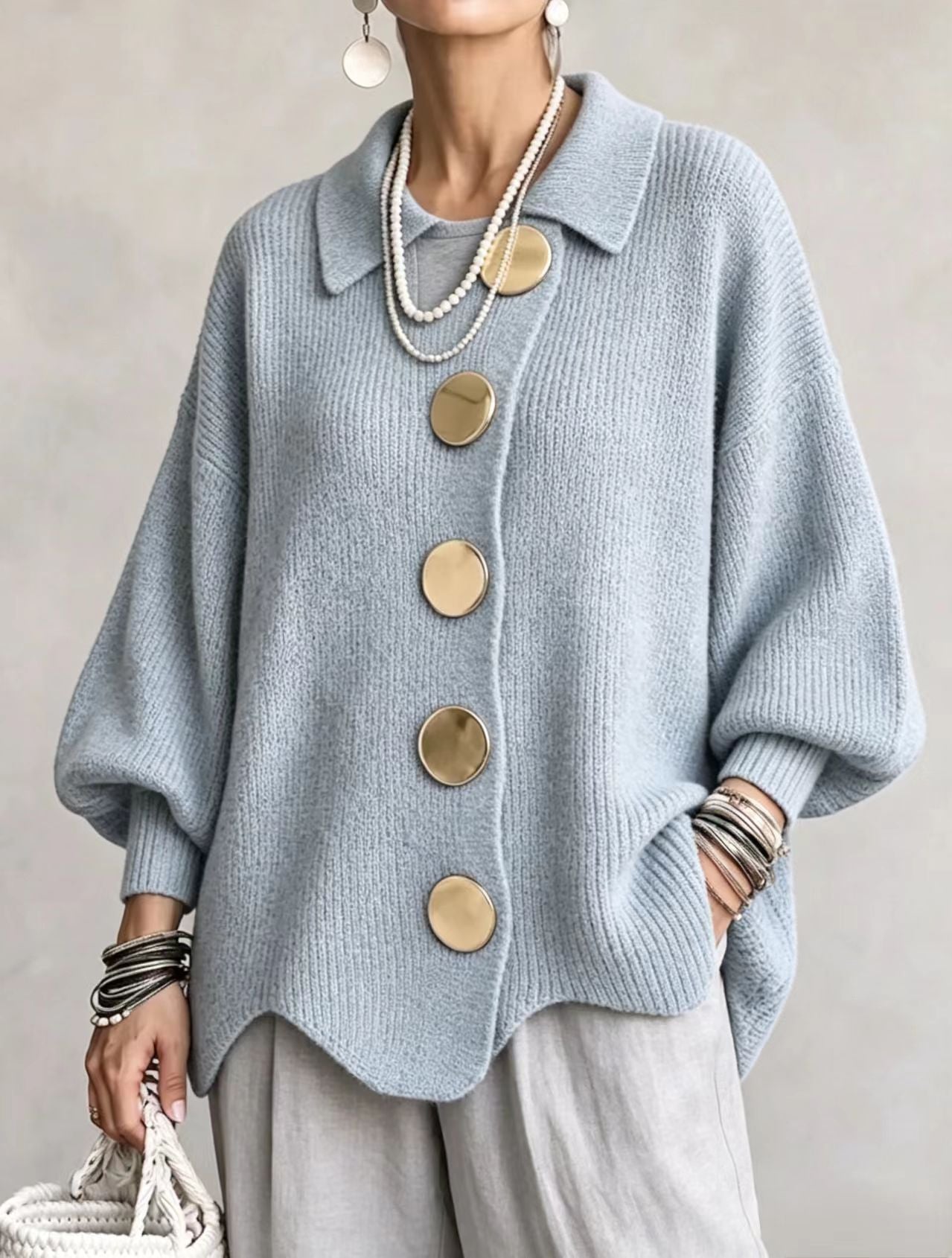 Women's Button-Down Knitted Cardigan, Loose Lapel Jacket