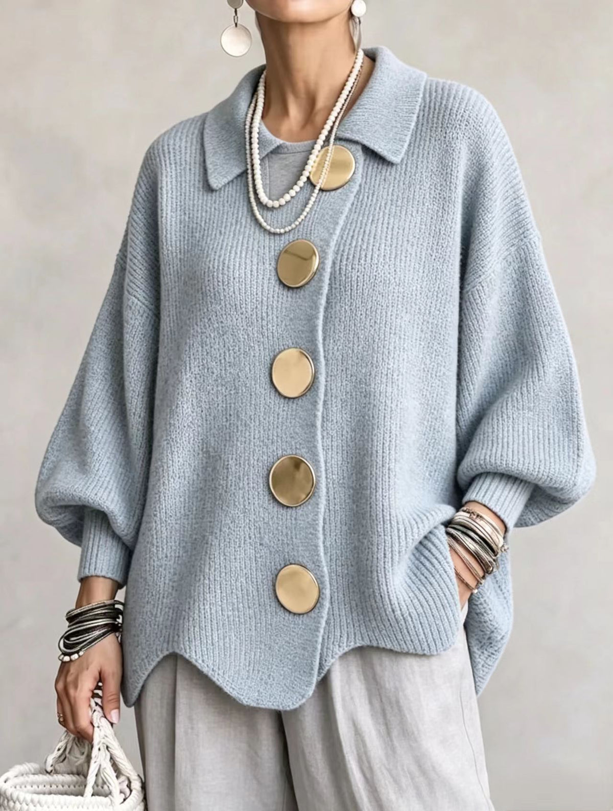 Women's Button-Down Knitted Cardigan, Loose Lapel Jacket