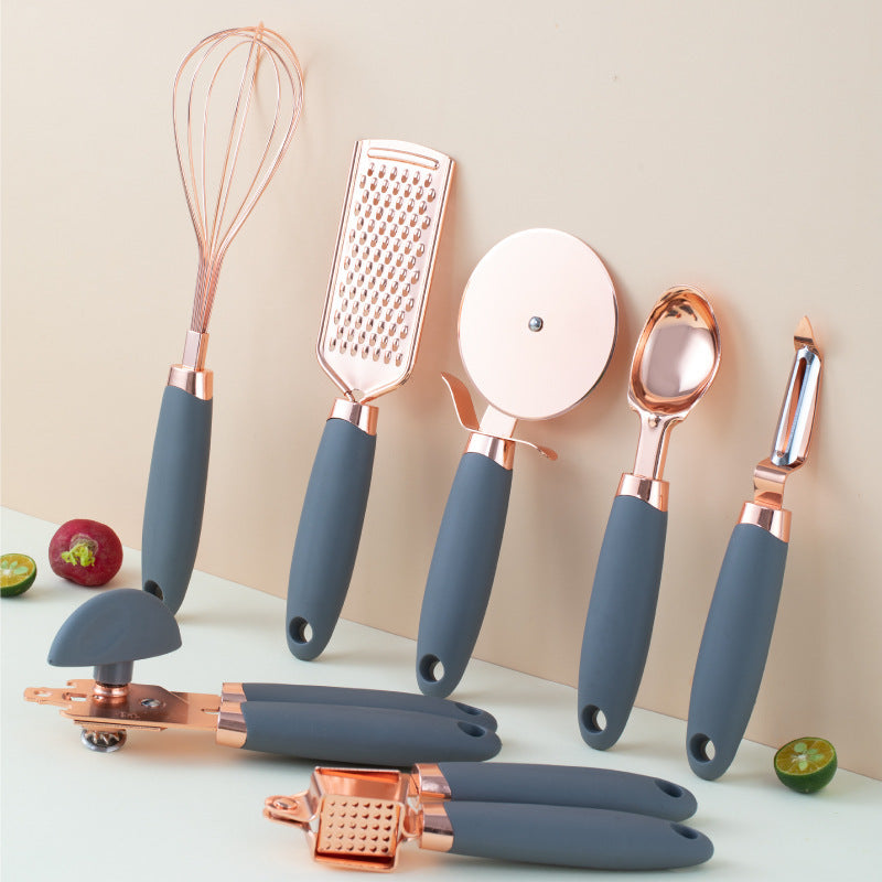 Kitchen Peeler and Utensil Set with Copper-Plated Holder