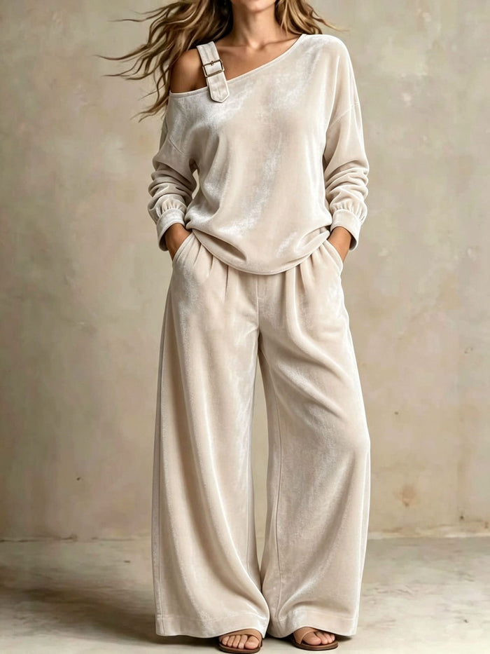 Conjunto de terciopelo de dos piezas para mujer, con hombros descubiertos, ropa informal suave