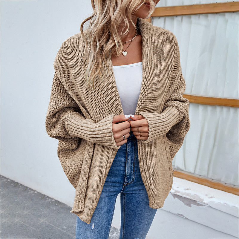 Loose Knit Bat-Sleeve Cardigan with Large Lapel for Women